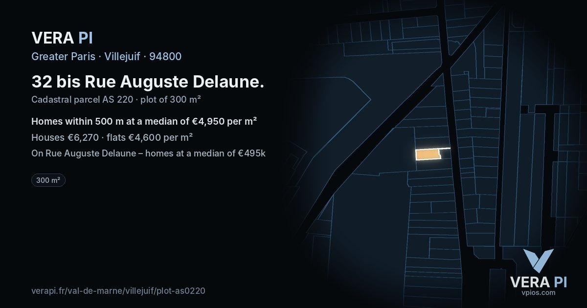 32 bis Rue Auguste Delaune, Villejuif at night – the plot lit, the parcels around coloured by the prices near them