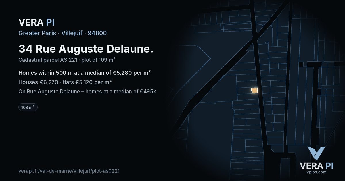 34 Rue Auguste Delaune, Villejuif at night – the plot lit, the parcels around coloured by the prices near them