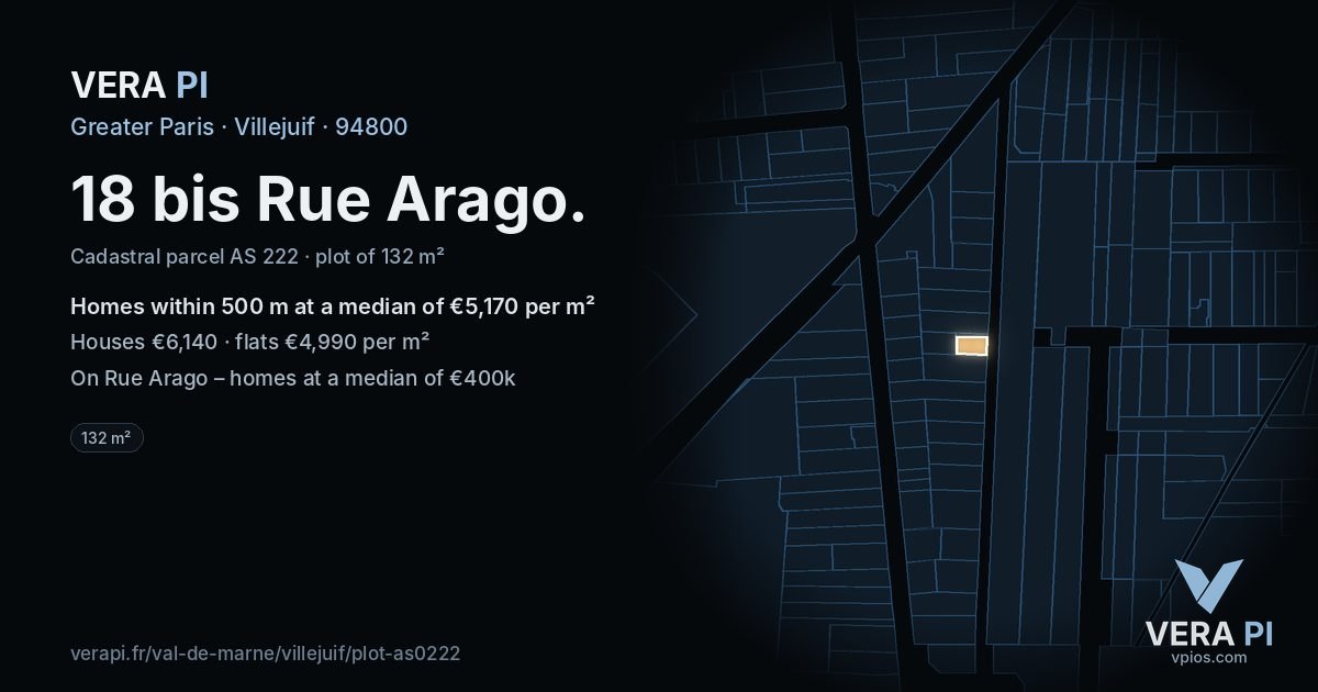 18 bis Rue Arago, Villejuif at night – the plot lit, the parcels around coloured by the prices near them