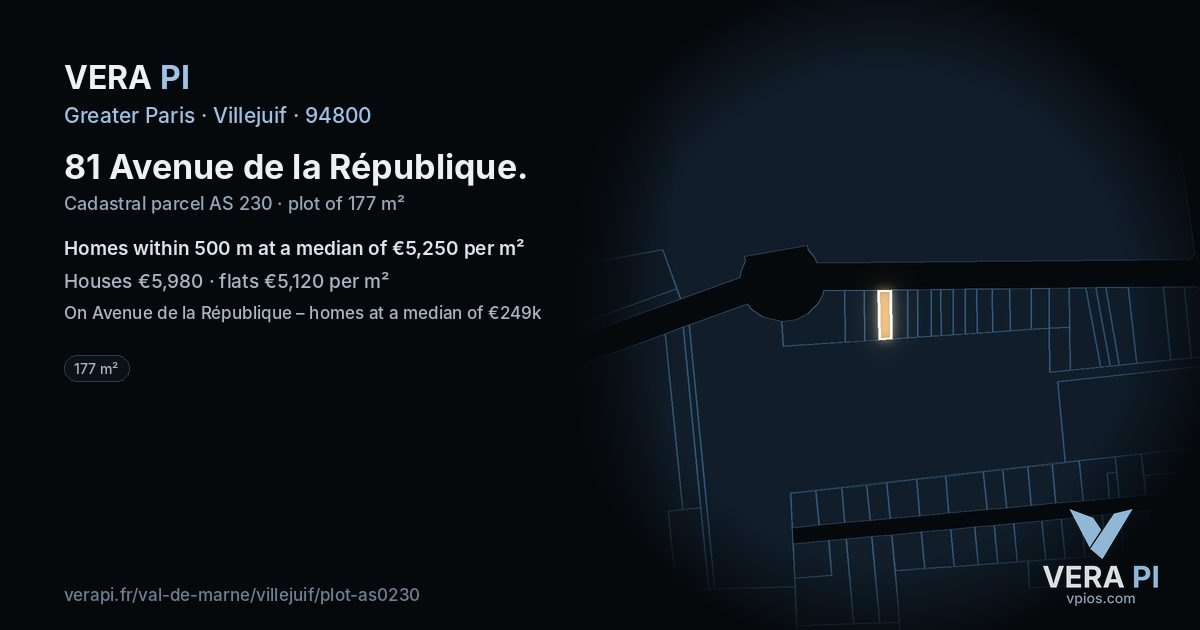 81 Avenue de la République, Villejuif at night – the plot lit, the parcels around coloured by the prices near them