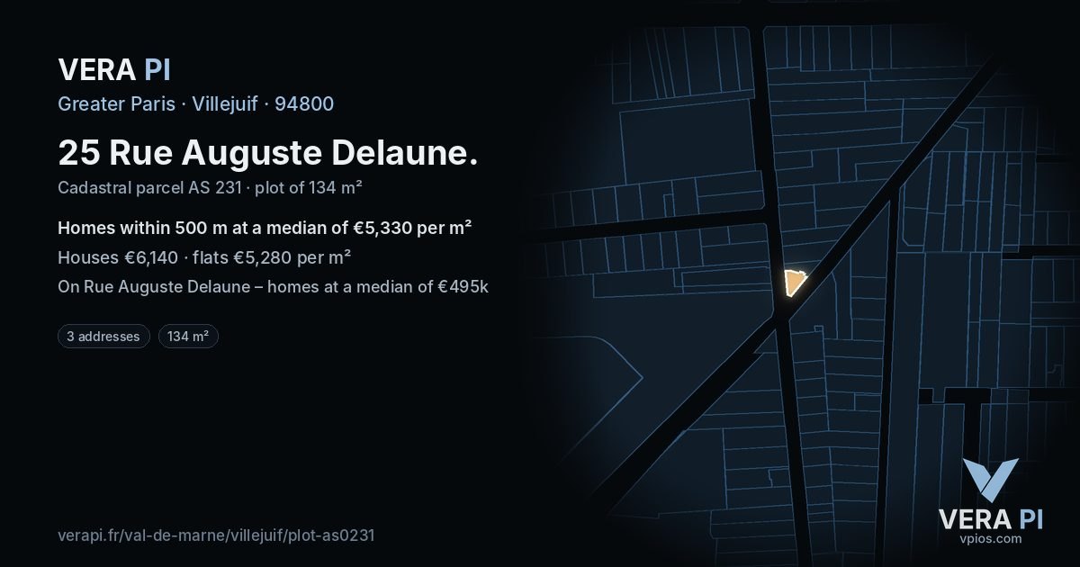 25 Rue Auguste Delaune, Villejuif at night – the plot lit, the parcels around coloured by the prices near them