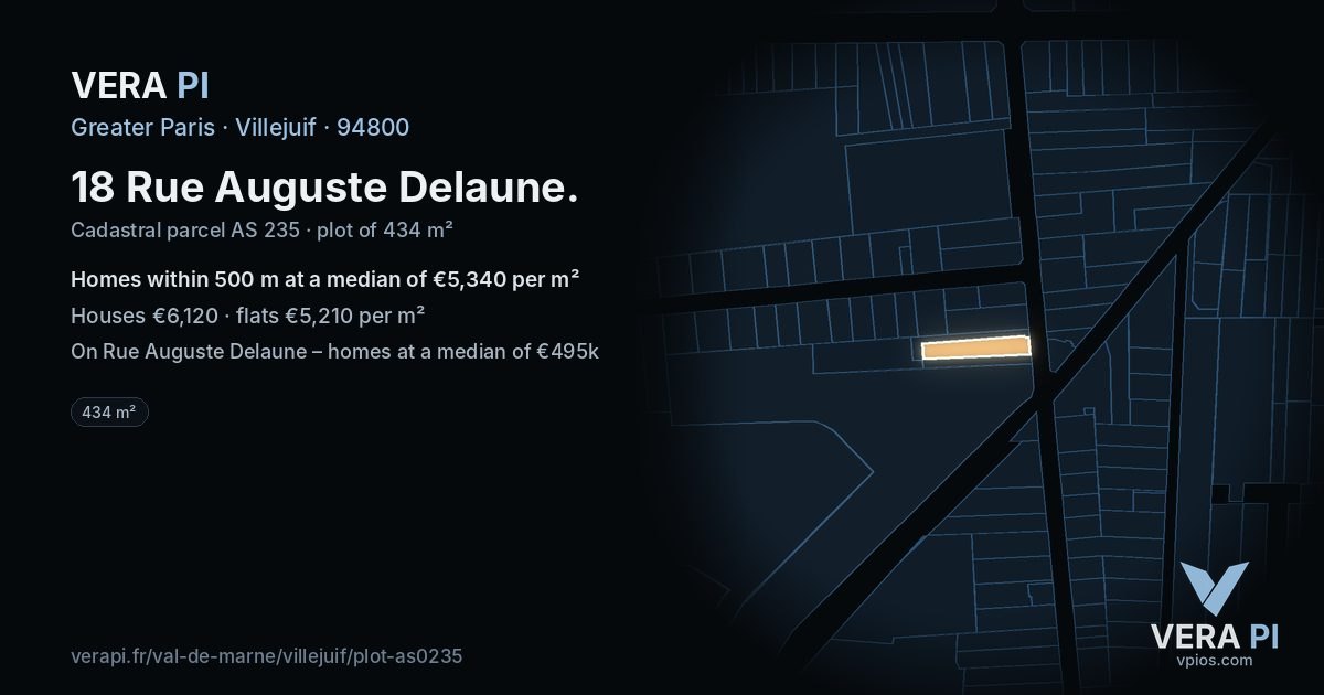18 Rue Auguste Delaune, Villejuif at night – the plot lit, the parcels around coloured by the prices near them