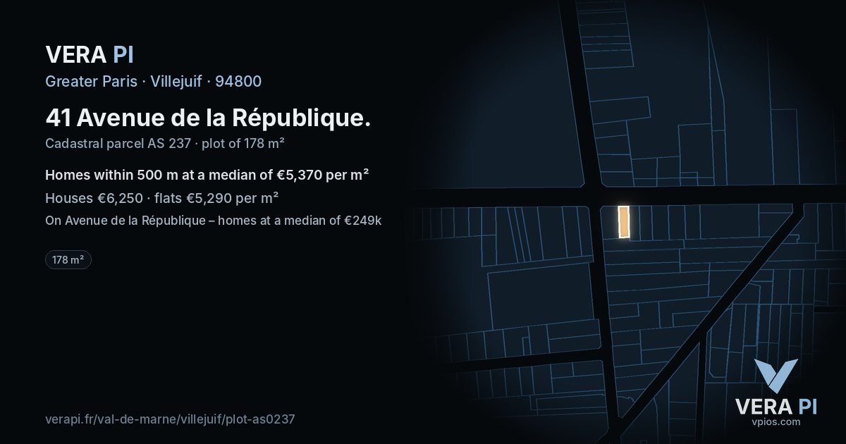 41 Avenue de la République, Villejuif at night – the plot lit, the parcels around coloured by the prices near them