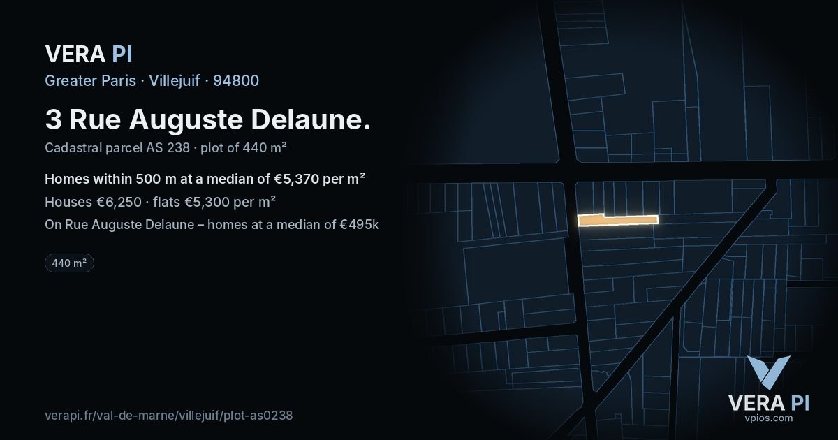 3 Rue Auguste Delaune, Villejuif at night – the plot lit, the parcels around coloured by the prices near them