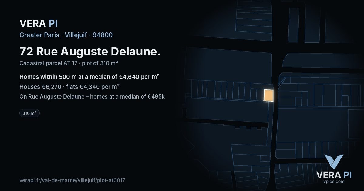 72 Rue Auguste Delaune, Villejuif at night – the plot lit, the parcels around coloured by the prices near them