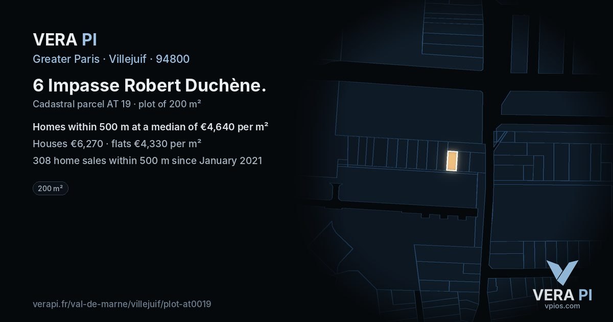 6 Impasse Robert Duchène, Villejuif at night – the plot lit, the parcels around coloured by the prices near them
