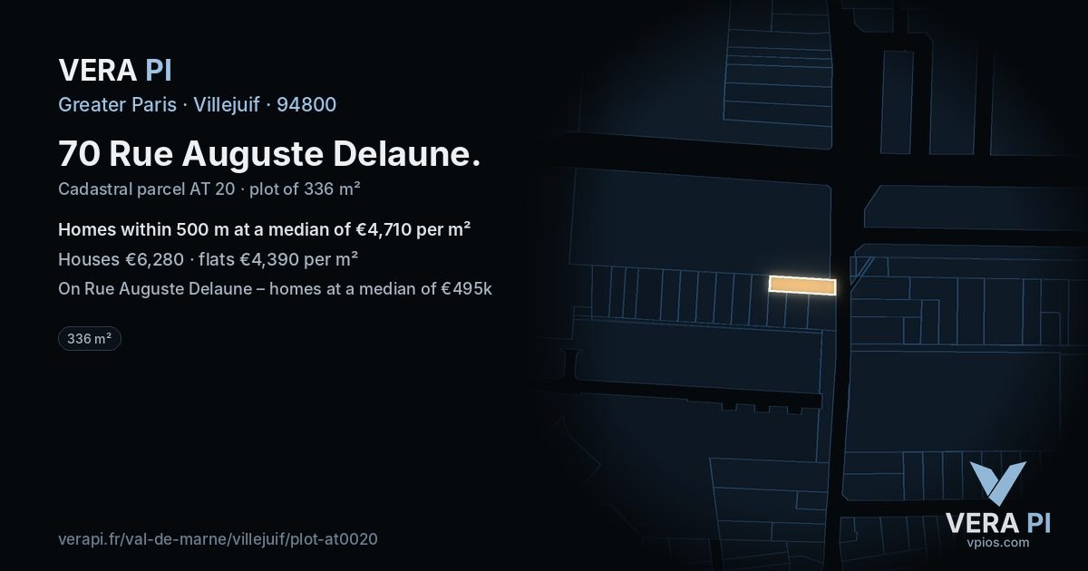 70 Rue Auguste Delaune, Villejuif at night – the plot lit, the parcels around coloured by the prices near them