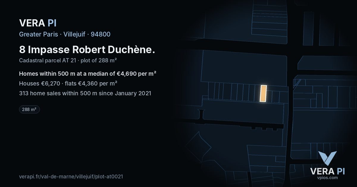 8 Impasse Robert Duchène, Villejuif at night – the plot lit, the parcels around coloured by the prices near them