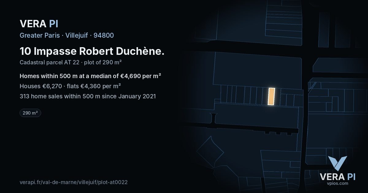 10 Impasse Robert Duchène, Villejuif at night – the plot lit, the parcels around coloured by the prices near them