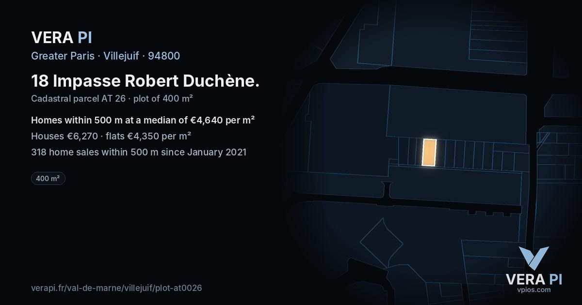 18 Impasse Robert Duchène, Villejuif at night – the plot lit, the parcels around coloured by the prices near them
