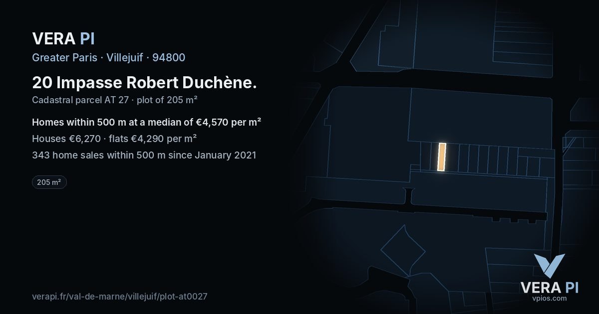 20 Impasse Robert Duchène, Villejuif at night – the plot lit, the parcels around coloured by the prices near them