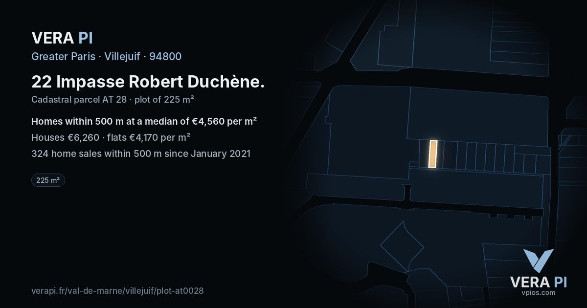 22 Impasse Robert Duchène, Villejuif at night – the plot lit, the parcels around coloured by the prices near them