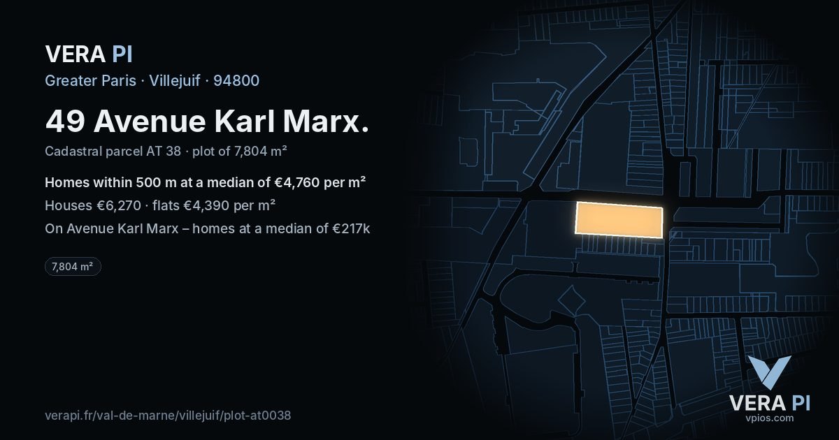 49 Avenue Karl Marx, Villejuif at night – the plot lit, the parcels around coloured by the prices near them