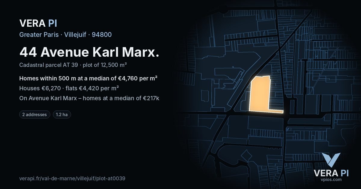 44 Avenue Karl Marx, Villejuif at night – the plot lit, the parcels around coloured by the prices near them