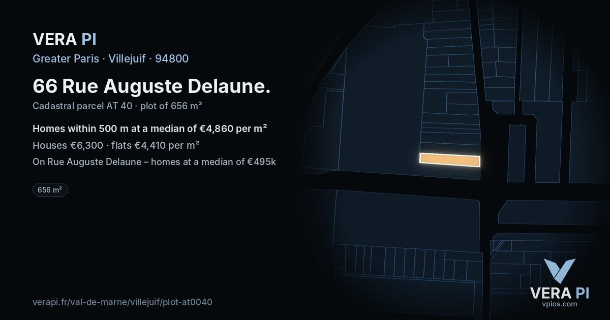 66 Rue Auguste Delaune, Villejuif at night – the plot lit, the parcels around coloured by the prices near them