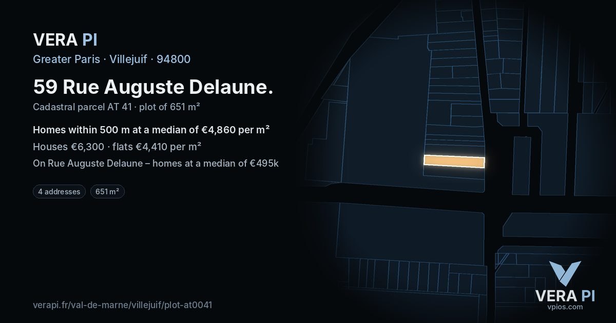 59 Rue Auguste Delaune, Villejuif at night – the plot lit, the parcels around coloured by the prices near them