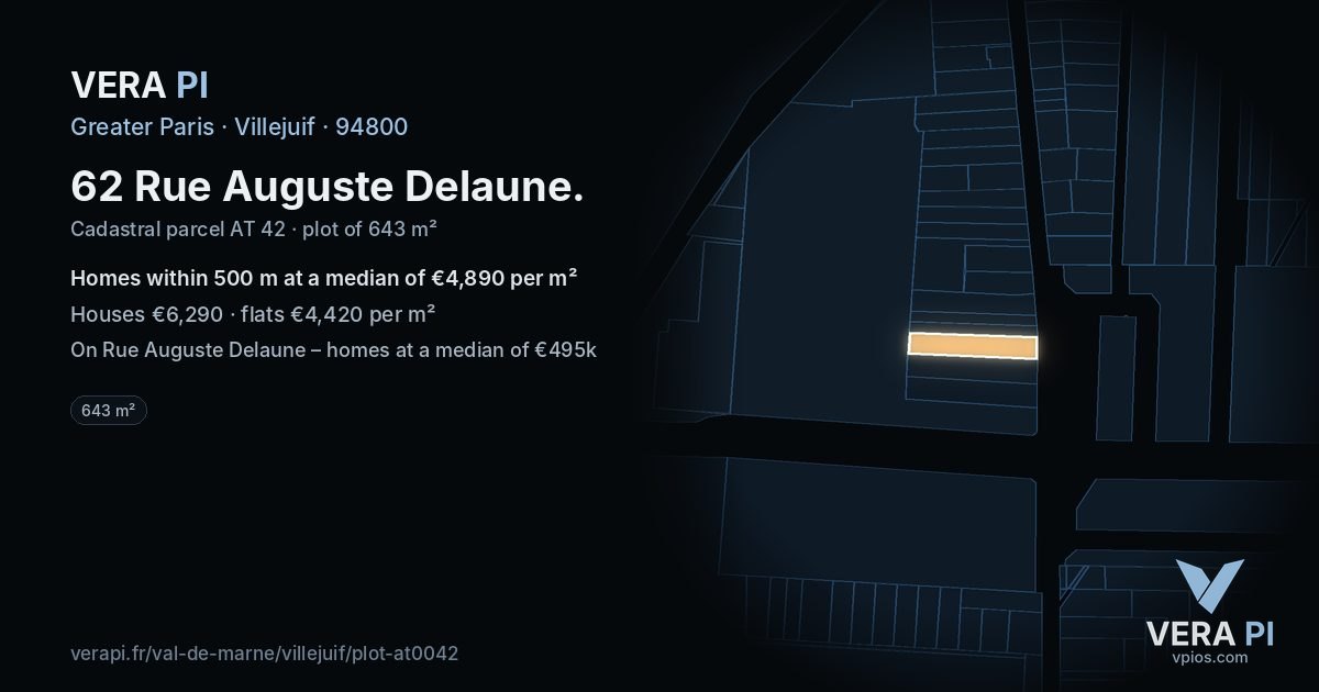 62 Rue Auguste Delaune, Villejuif at night – the plot lit, the parcels around coloured by the prices near them