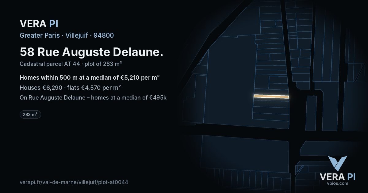 58 Rue Auguste Delaune, Villejuif at night – the plot lit, the parcels around coloured by the prices near them
