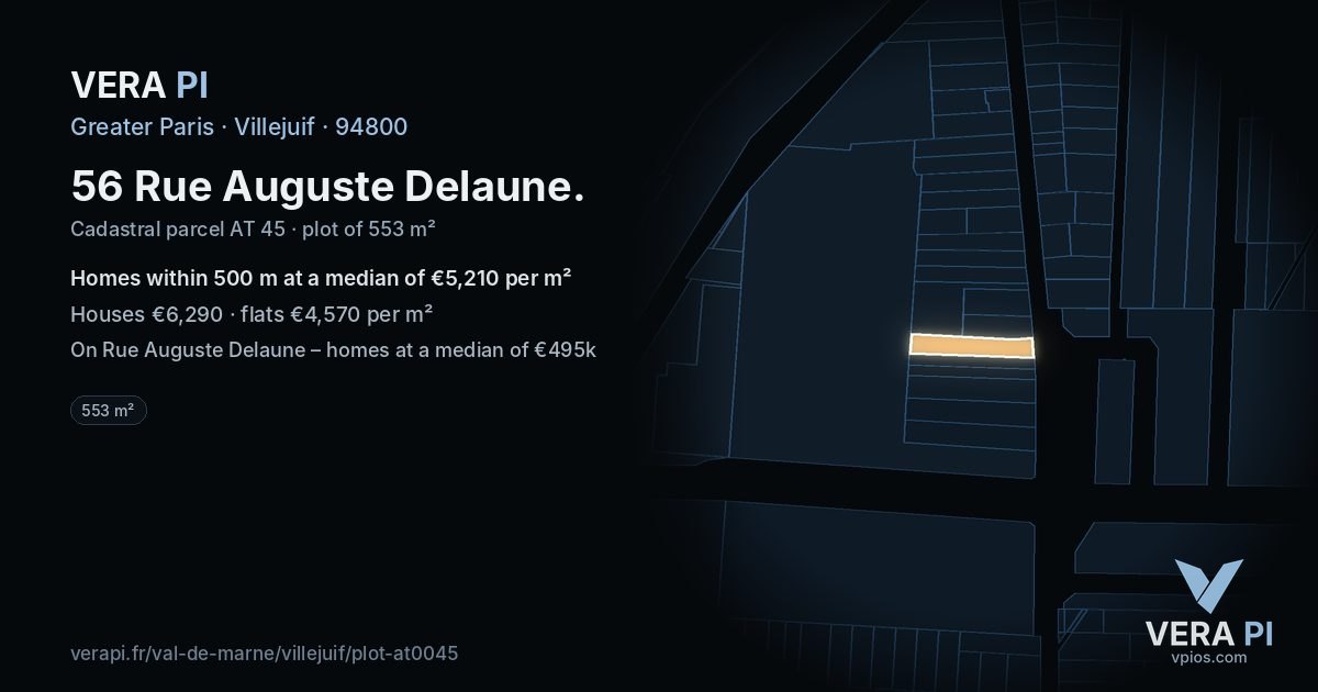 56 Rue Auguste Delaune, Villejuif at night – the plot lit, the parcels around coloured by the prices near them