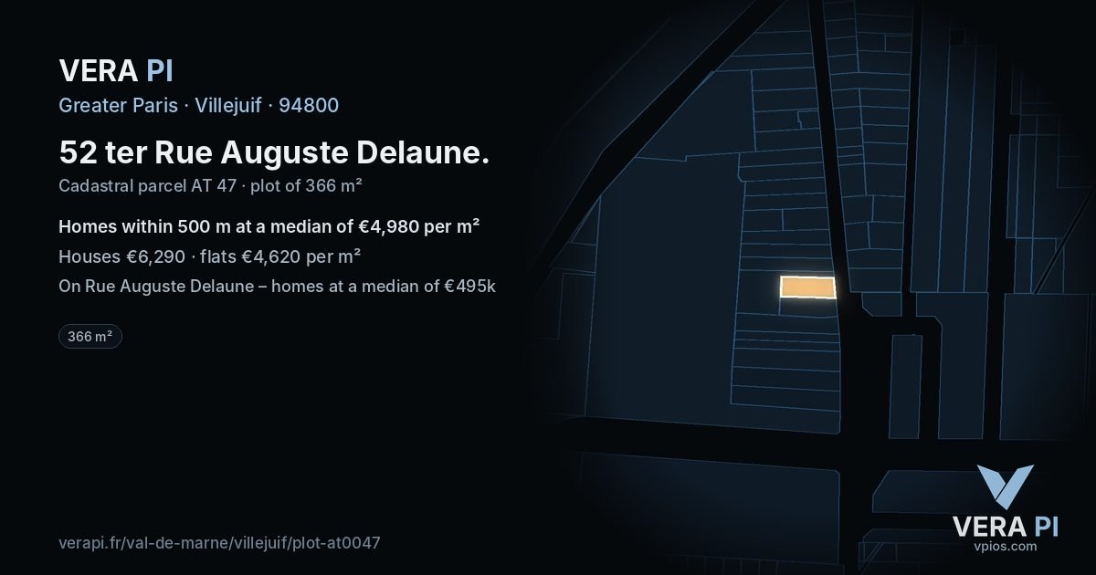 52 ter Rue Auguste Delaune, Villejuif at night – the plot lit, the parcels around coloured by the prices near them