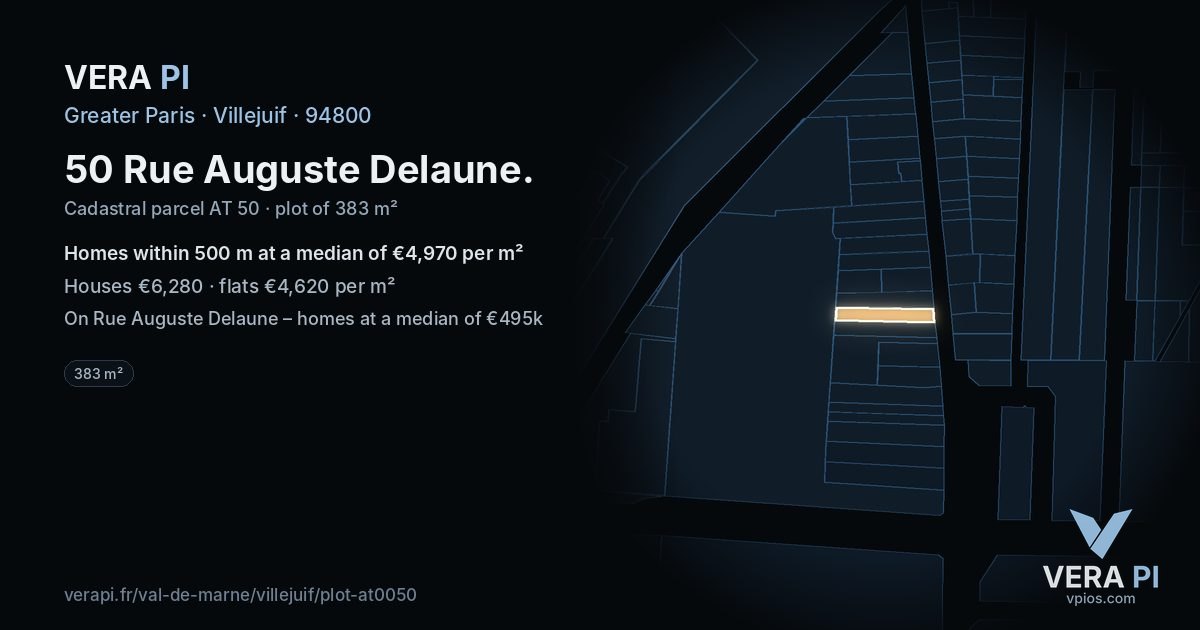 50 Rue Auguste Delaune, Villejuif at night – the plot lit, the parcels around coloured by the prices near them