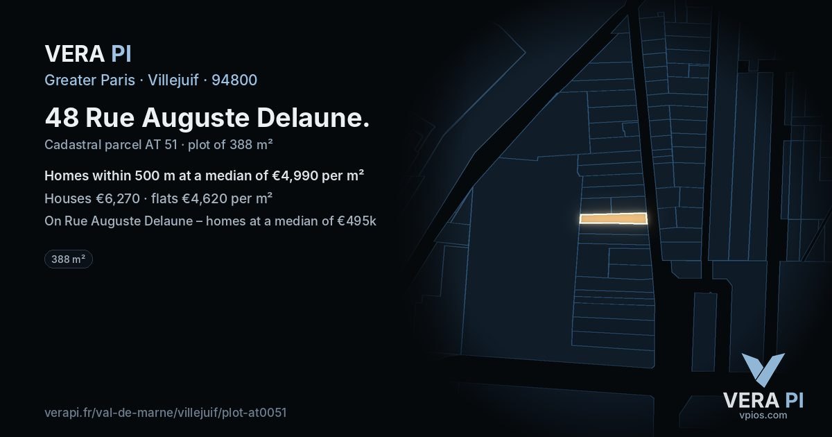 48 Rue Auguste Delaune, Villejuif at night – the plot lit, the parcels around coloured by the prices near them