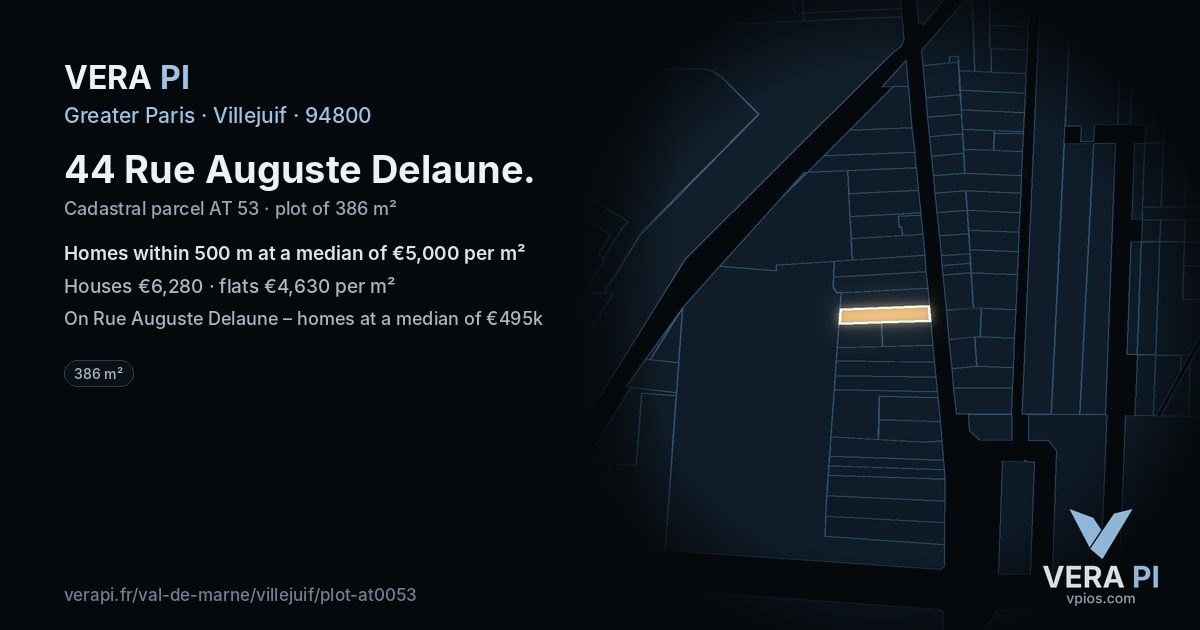 44 Rue Auguste Delaune, Villejuif at night – the plot lit, the parcels around coloured by the prices near them
