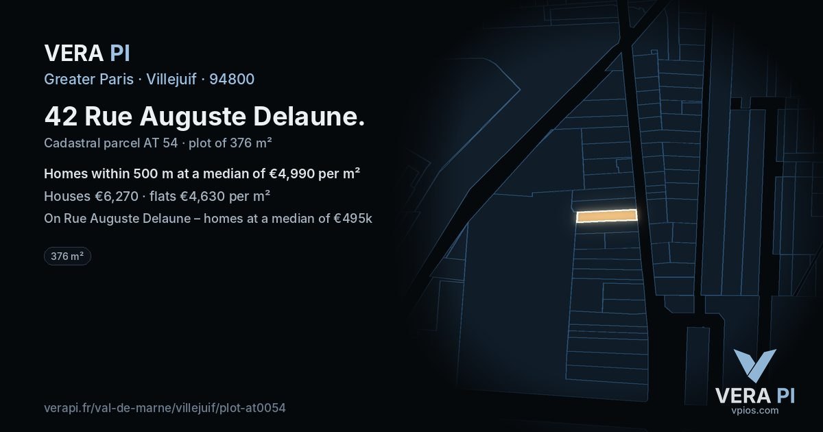 42 Rue Auguste Delaune, Villejuif at night – the plot lit, the parcels around coloured by the prices near them
