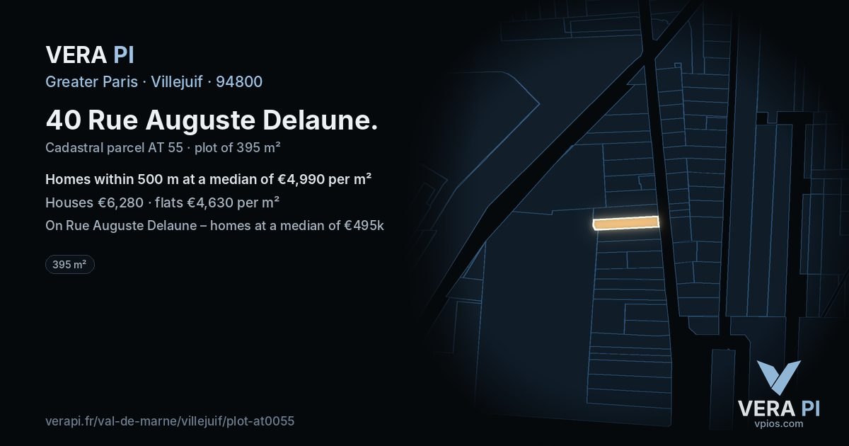 40 Rue Auguste Delaune, Villejuif at night – the plot lit, the parcels around coloured by the prices near them