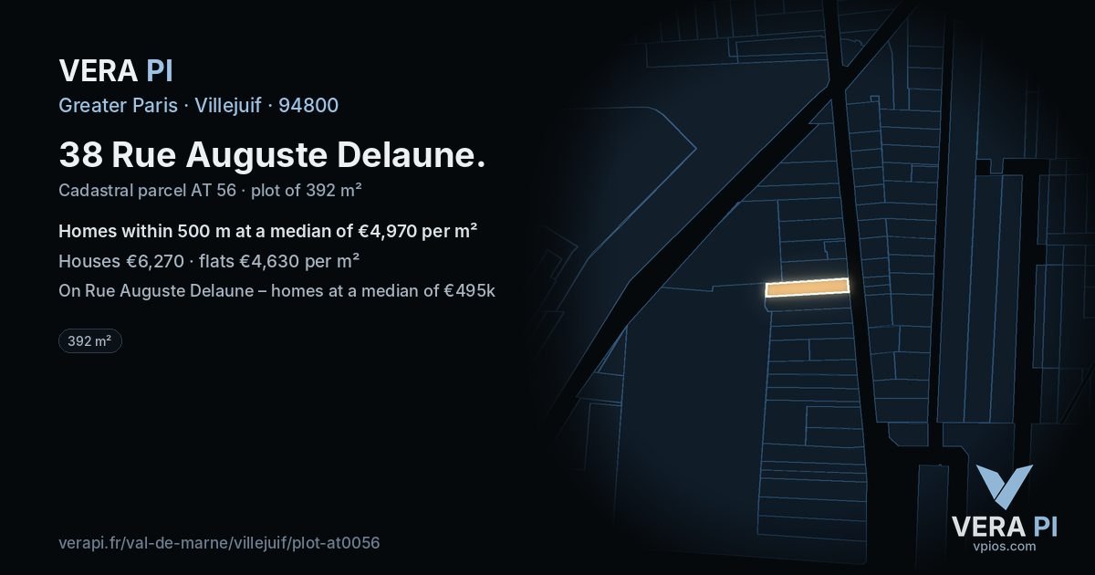 38 Rue Auguste Delaune, Villejuif at night – the plot lit, the parcels around coloured by the prices near them