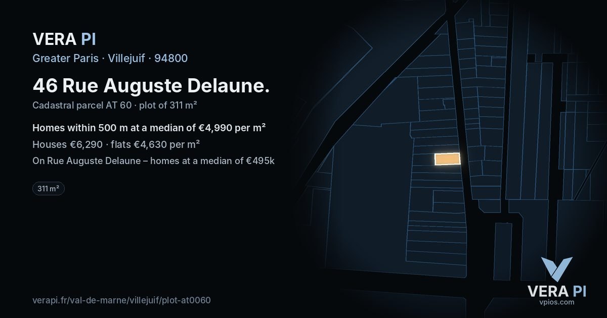 46 Rue Auguste Delaune, Villejuif at night – the plot lit, the parcels around coloured by the prices near them