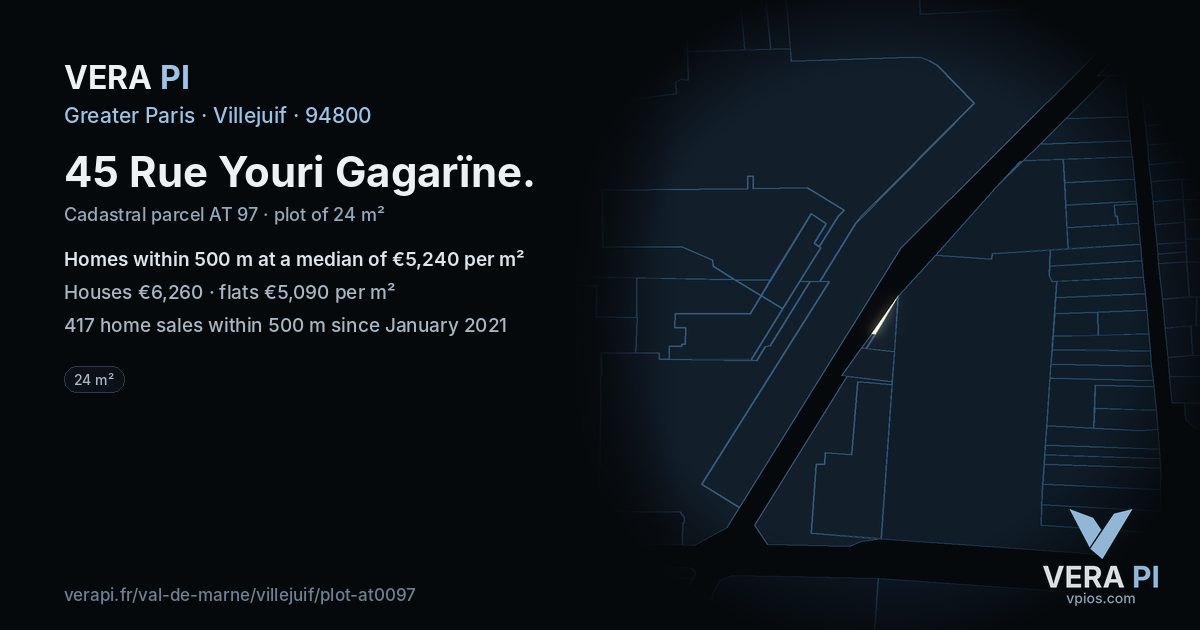 45 Rue Youri Gagarïne, Villejuif at night – the plot lit, the parcels around coloured by the prices near them