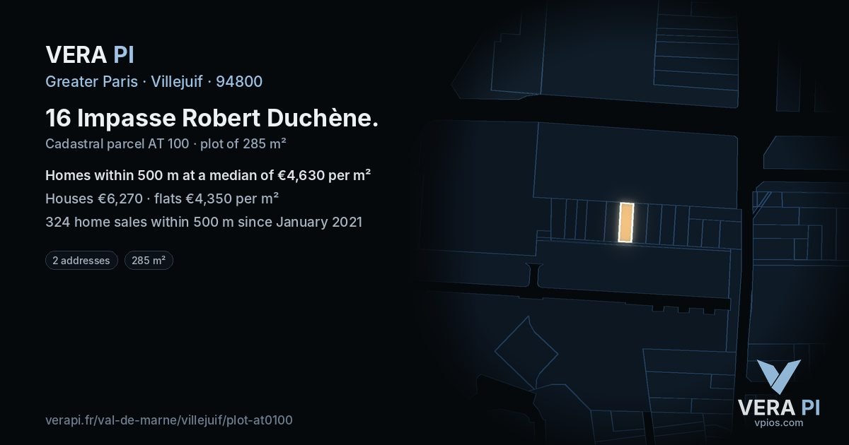 16 Impasse Robert Duchène, Villejuif at night – the plot lit, the parcels around coloured by the prices near them