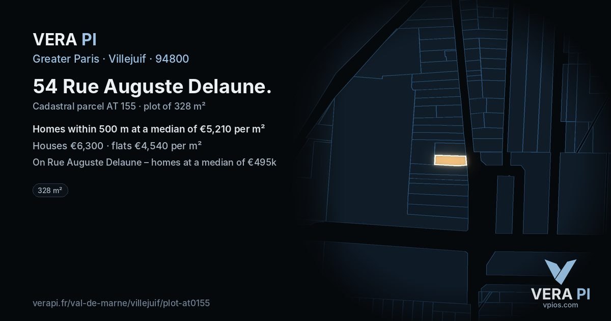 54 Rue Auguste Delaune, Villejuif at night – the plot lit, the parcels around coloured by the prices near them