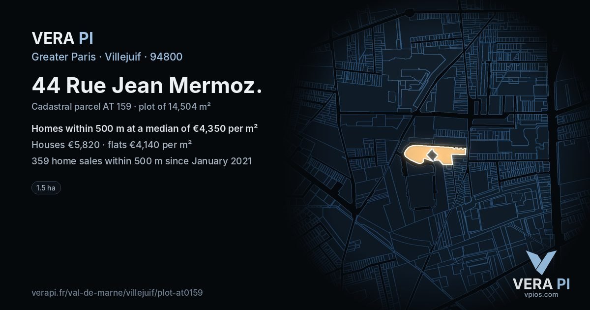 44 Rue Jean Mermoz, Villejuif at night – the plot lit, the parcels around coloured by the prices near them