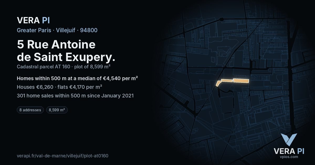 5 Rue Antoine de Saint Exupery, Villejuif at night – the plot lit, the parcels around coloured by the prices near them