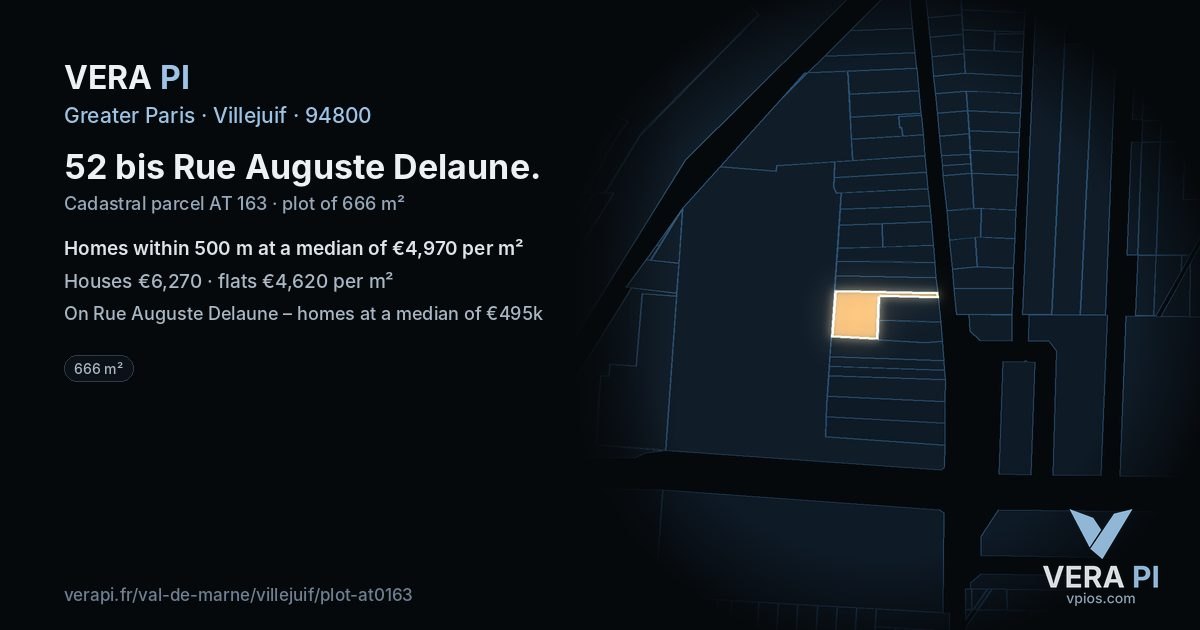 52 bis Rue Auguste Delaune, Villejuif at night – the plot lit, the parcels around coloured by the prices near them