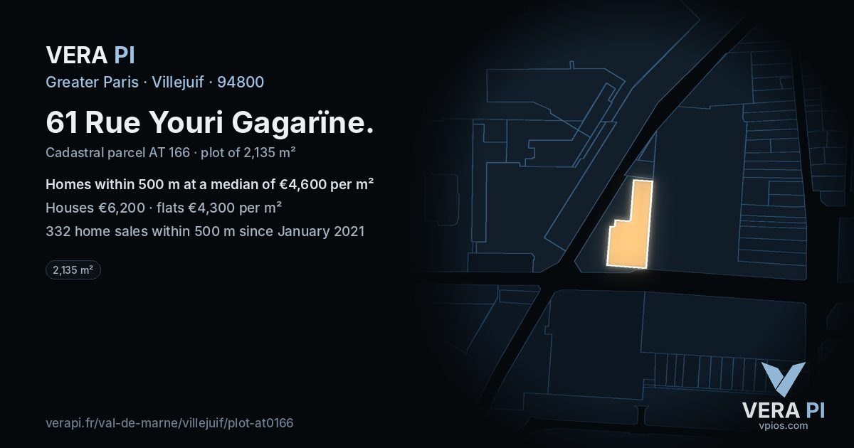 61 Rue Youri Gagarïne, Villejuif at night – the plot lit, the parcels around coloured by the prices near them