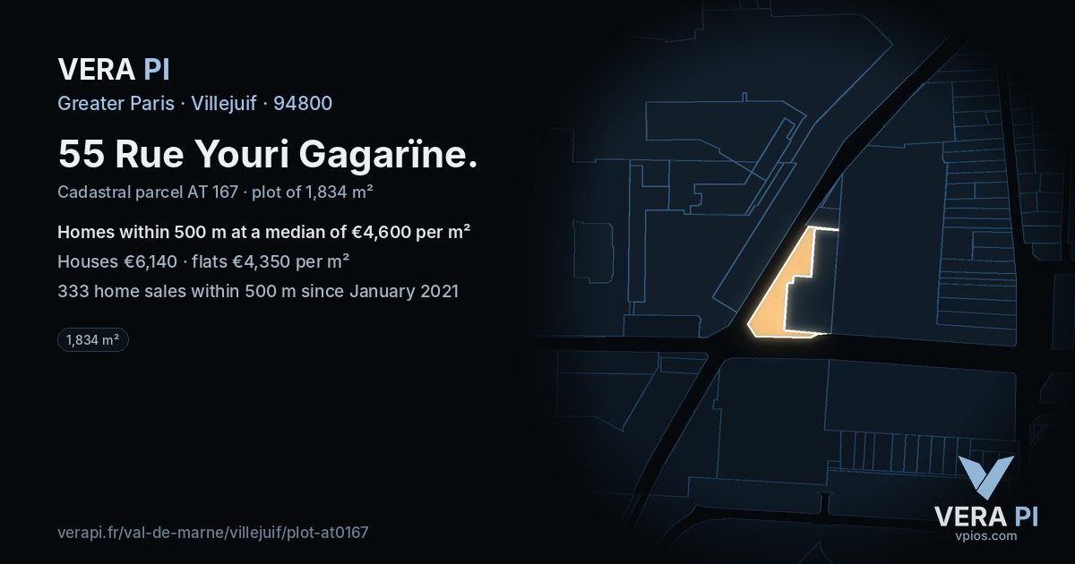 55 Rue Youri Gagarïne, Villejuif at night – the plot lit, the parcels around coloured by the prices near them
