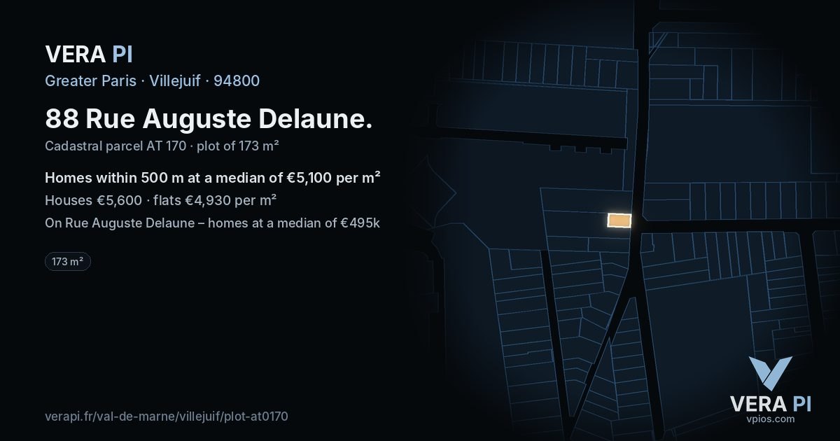 88 Rue Auguste Delaune, Villejuif at night – the plot lit, the parcels around coloured by the prices near them