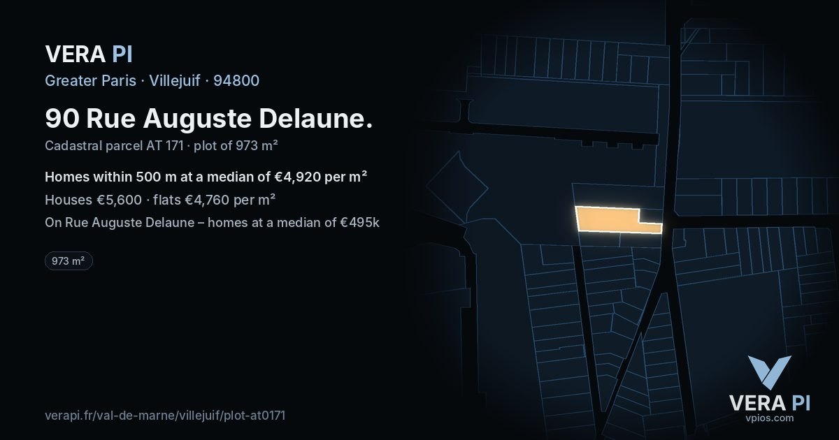 90 Rue Auguste Delaune, Villejuif at night – the plot lit, the parcels around coloured by the prices near them