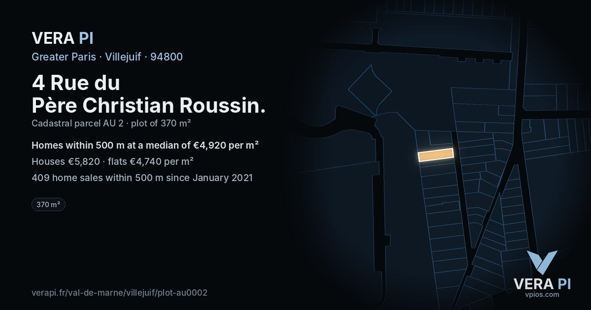 4 Rue du Père Christian Roussin, Villejuif at night – the plot lit, the parcels around coloured by the prices near them