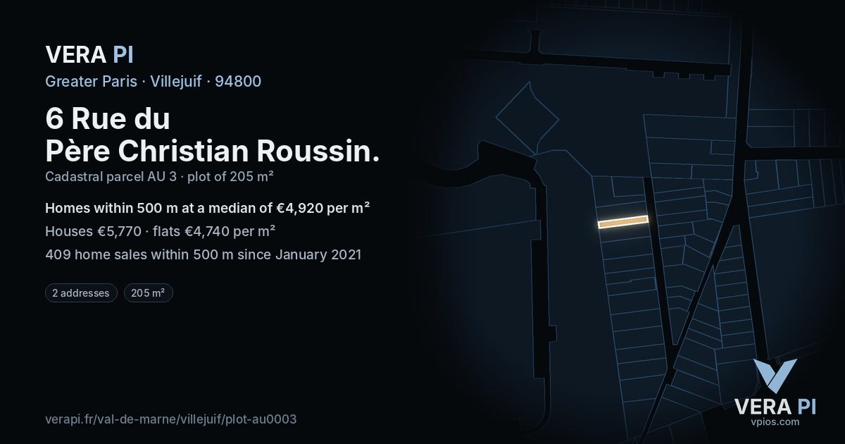 6 Rue du Père Christian Roussin, Villejuif at night – the plot lit, the parcels around coloured by the prices near them