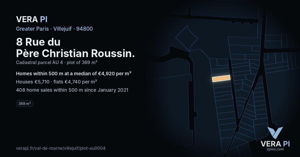 8 Rue du Père Christian Roussin, Villejuif at night – the plot lit, the parcels around coloured by the prices near them