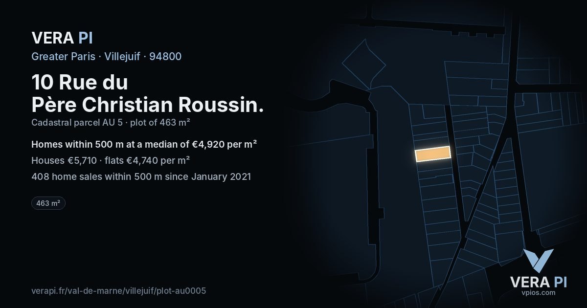10 Rue du Père Christian Roussin, Villejuif at night – the plot lit, the parcels around coloured by the prices near them