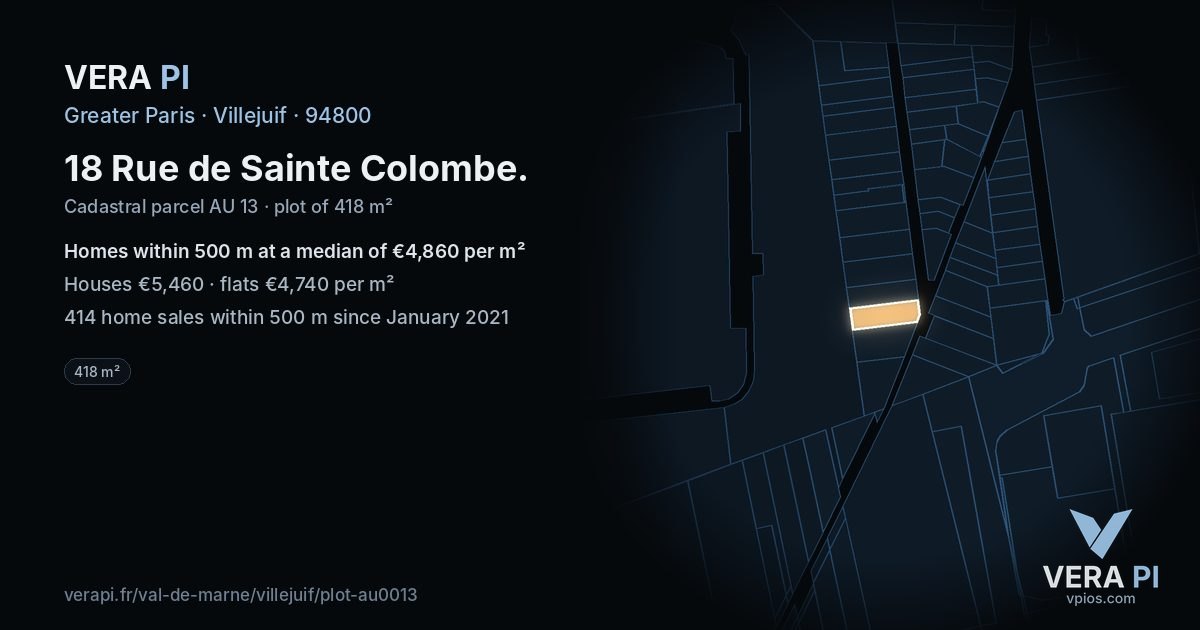 18 Rue de Sainte Colombe, Villejuif at night – the plot lit, the parcels around coloured by the prices near them