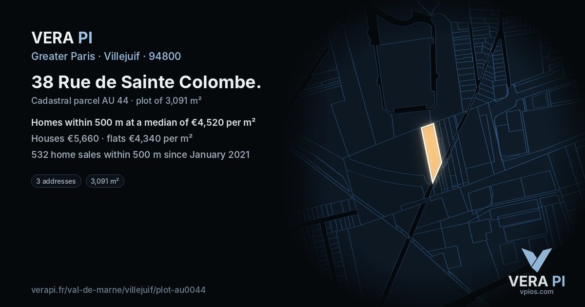38 Rue de Sainte Colombe, Villejuif at night – the plot lit, the parcels around coloured by the prices near them
