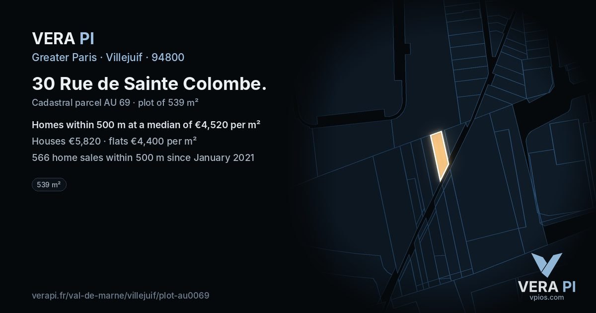 30 Rue de Sainte Colombe, Villejuif at night – the plot lit, the parcels around coloured by the prices near them