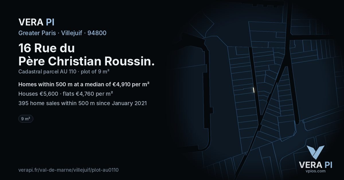 16 Rue du Père Christian Roussin, Villejuif at night – the plot lit, the parcels around coloured by the prices near them