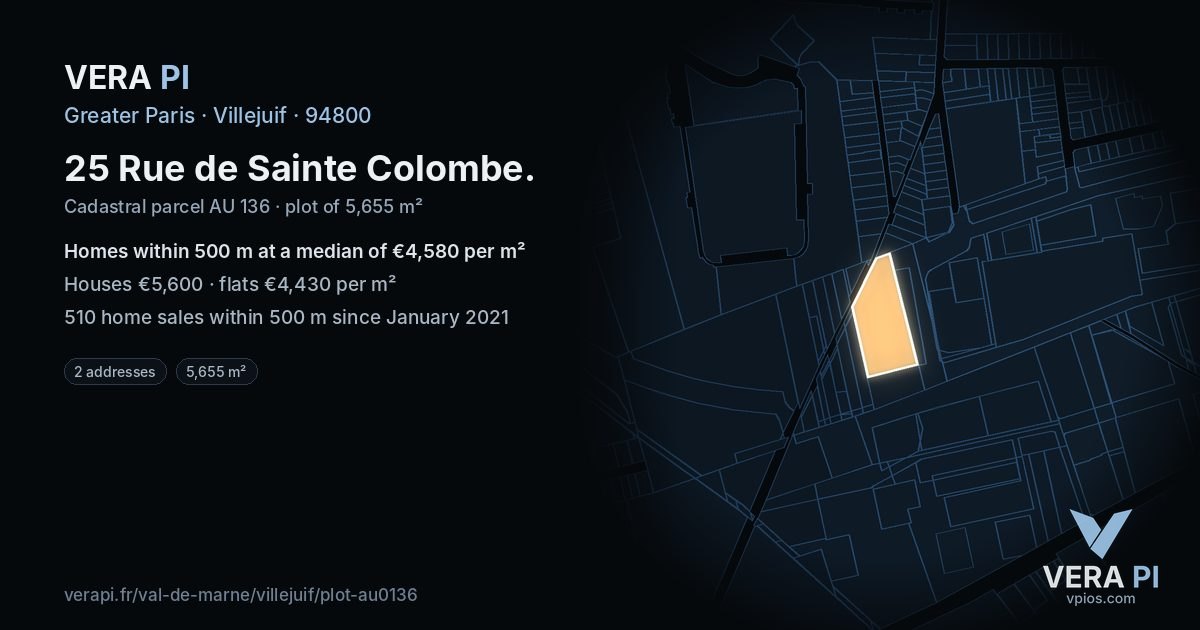25 Rue de Sainte Colombe, Villejuif at night – the plot lit, the parcels around coloured by the prices near them